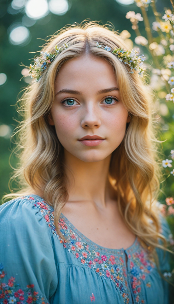 a whimsical portrait of a radiant young girl with cascading golden blonde hair adorned with delicate wildflowers, her sparkling blue eyes glimmering with joy as she gazes sweetly into the camera, surrounded by a dreamlike ethereal garden filled with vibrant colors and soft, glowing lights, reminiscent of a fairy tale illustration in the style of Mary Blair, evoking a sense of wonder and warmth