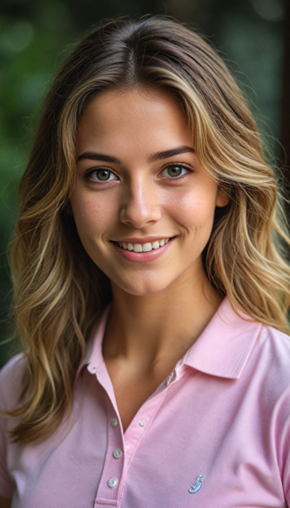 a (cute) (detailed and realistic) (young adult) (female) with long, flowing, voluminous, dark brown hair featuring blonde highlights, large, detailed and matching eyes, wearing a (thin form-fitting plain pink polo shirt), (tanned skin), (gorgeous), (stunning), (model), (smiling), (looking into the camera), (wearing only skin), (completely covered), (alluring pose), (sunlight catching her hair), (face illuminated), (looking into the camera)