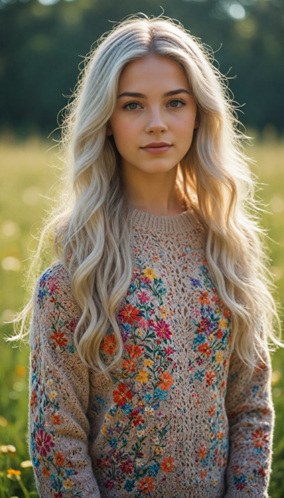 a whimsical young teen girl with long, flowing white hair, adorned in a luxurious, intricately knitted super fine wool sweater featuring vibrant patterns inspired by nature, standing in a sun-drenched meadow filled with colorful wildflowers, the sunlight casting a golden hue on her delicate features, hyper-realistic style reminiscent of a detailed portrait painting, capturing both the softness of the fabric and the shimmering quality of her hair.