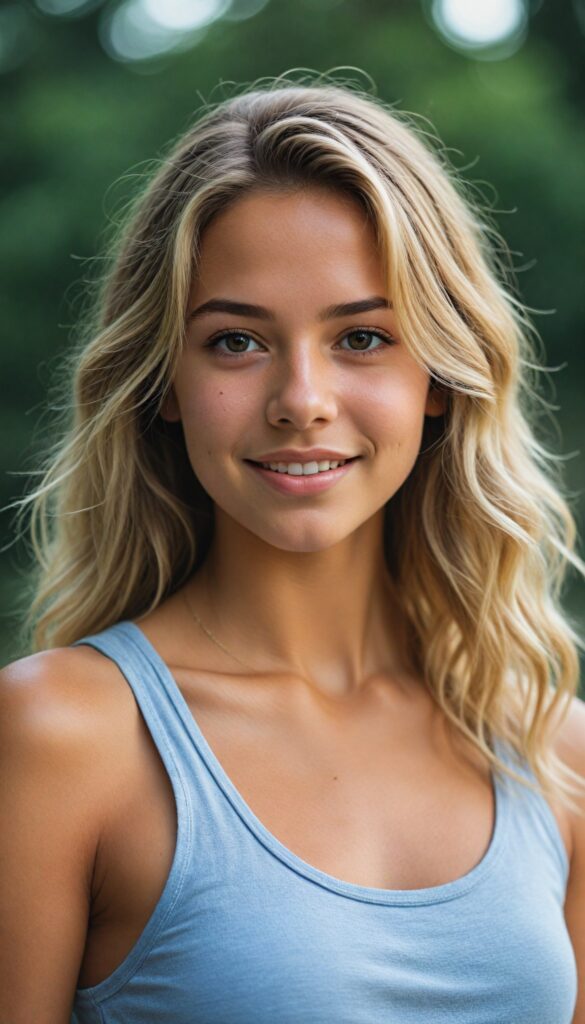 visualize a (tanned tomboy petite Exotic teen girl) with long, (realistically detailed summer blond hair), posed in a (cinematic light setup) for a portrait shot, her face radiant with joy, featuring a (flawlessly detailed round face), a (short form-fitting cropped plain tank top), which beautifully showcases her perfect physique, with (realistic details), such as a (curvy yet toned silhouette), beach in backdrop