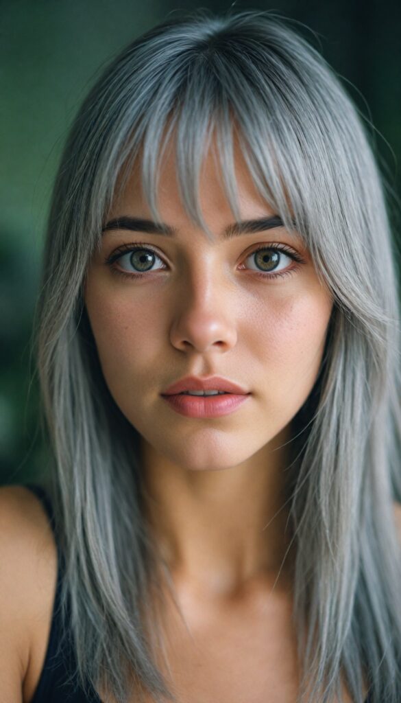 (portrait) of (cute) (elegant) (attractive) (long, straight grey hair) (stunning) a beautifully realistic, cinematic lights, teen girl, bangs cut, realistic detailed angelic round face, (realistic detailed hazelnut eye) looks sadly at the camera, portrait shot, perfect curved body, (wears a super short tight (tank top)), perfect anatomy, side perspective