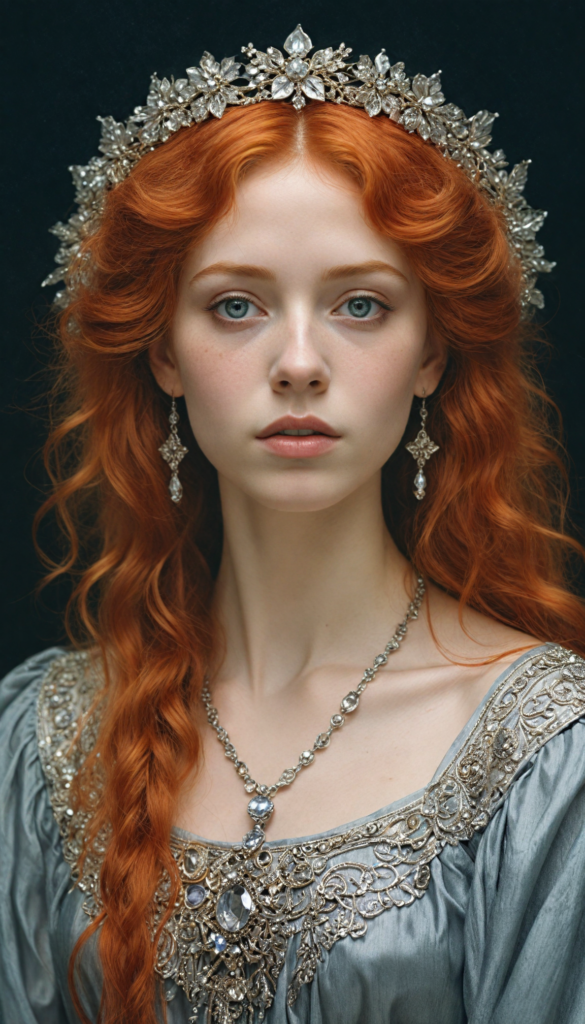 (ethereal portrait), intricately detailed pencil drawing, a silvery-skinned (young teen girl) with cascading, fiery-red hair illuminated by an otherworldly glow, her eyes reflecting the cosmos, adorned with delicate silver jewelry that twinkles like stars, set against a deep, velvety black background that enhances her luminous presence, reminiscent of the works of Alphonse Mucha and Gustav Klimt