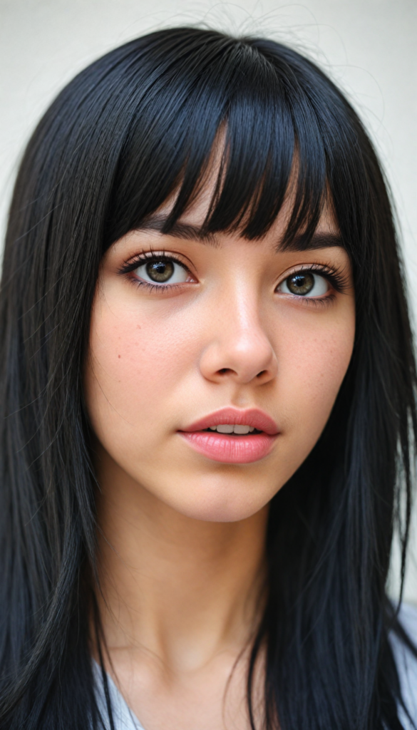 a realistic, detailed, dynamic photography from a beautiful young teen (Emo girl), with (detailed obsidian long soft straight hair, bangs), full kissable lips, looking into the camera, perfect detailed face, side view, (close up portrait), (stunning), (gorgeous), (white background)