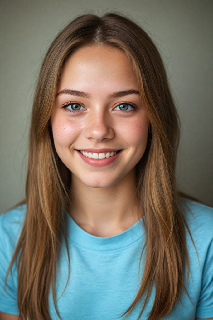 a very detailed and realistic portrait of a (cute teen girl), (long yet straight light brown hair), (realistic detailed brown eyes), (full kissable lips), (realistic detailed, light amber eyes), (face illuminated), perfect curved fit body, she wears a light blue t-shirt, smile