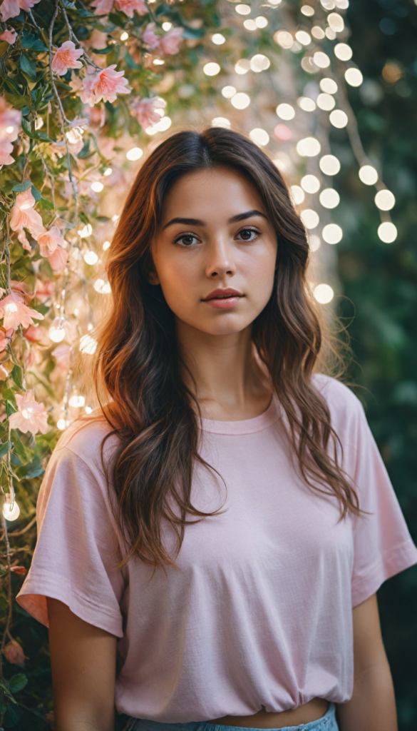 an enchanting youthful girl adorned in a chic, (short-cropped light pink tee) that subtly glimmers, her long, cascading hair resembling a waterfall of silk reflecting gentle hues, posed gracefully in a (whimsical, ethereal setting), with soft, glowing fairy lights illuminating her delicate features, enhanced by shadows that dance around her in the dimly lit room, creating a blend of realism and dreamlike fantasy reminiscent of a mix between a contemporary portrait and impressionist painting.