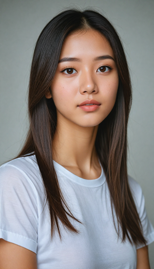 a (stunningly elegant and cute long, straight hazelnut hair) Asian (teen girl) with a (realistically detailed angelic round face) and (realistically detailed hazelnut eyes) looking pensively at the camera in a (perfectly drawn portrait shot) against a (flawlessly detailed, realistic skin color) backdrop, wearing a (super short, tight white t-shirt made on thin silk), her flawless form elegantly framed by a side perspective, without any (background details)