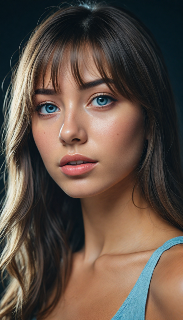 a young beautiful girl, (jet soft straight hair, bangs frame her face), (full natural lips), (mouth slightly open), (seductive look), glossy shiny tanned skin, (realistic shiny round light blue eyes), (angelic face), black background, (perfect shadows), (weak light falls into the picture from the side), (perfect curved body), she looks seductively at the viewer, (flawless skin), (side view) (ultra realistic photo) (stunning) (gorgeous) (4k) (upper body)