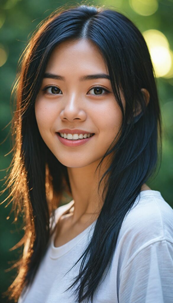 a detailed and realistic photo from a (cute) young Japanese girl (long, messy straight obsidian black hair), (stunning), (gorgeous), beautifully realistic, cinematic lights, realistic detailed angelic round face, (realistic detailed amber eye) looks happy at the camera, perfect curved body, (wears a super short tight (white t-shirt)), perfect anatomy, side perspective, against a sunny green backdrop