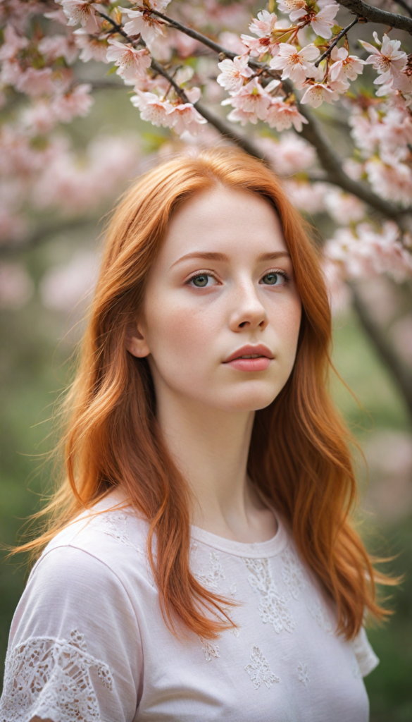 close-up portrait, a whimsical scene featuring a serene red-haired teen girl with straight hair flowing gently in the breeze, dressed in a delicate light pink, fitted t-shirt adorned with subtle lace details. She is posing, surrounded by blooming cherry blossom trees, with petals drifting gracefully around her. Her expression radiates innocence and curiosity as she gazes at a brightly colored butterfly that flits nearby, capturing the essence of a dreamy spring afternoon, reminiscent of a watercolor painting in the style of Claude Monet.