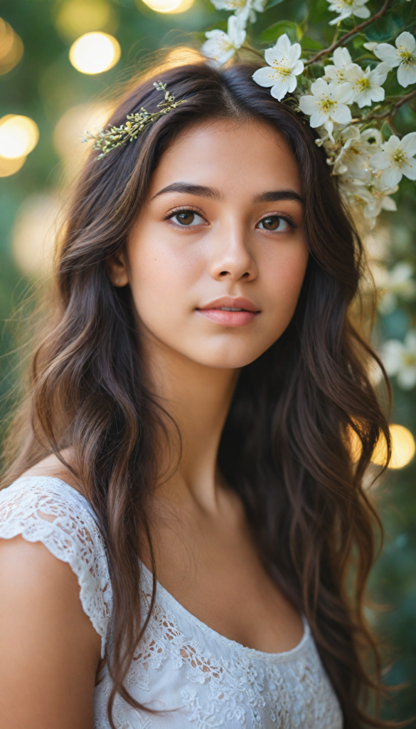 a hyper-realistic, intricately detailed portrait of a captivating young girl with cascading, silky hair that shimmers under soft, natural light. Her gentle gaze meets the viewer's eyes, radiating warmth and innocence. She is adorned in a whimsical white crop top embellished with delicate floral patterns, set against a dreamy pastel background that evokes a sense of serenity and youthfulness. Subtle hints of bokeh add a magical touch, enhancing the overall enchanting atmosphere of the scene.