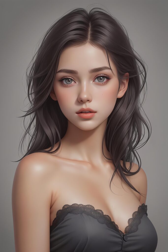 super realistic, detailed, ((gorgeous)) ((stunning)) cute young breasted girl, full portrait, 18 years old, charcoal drawing