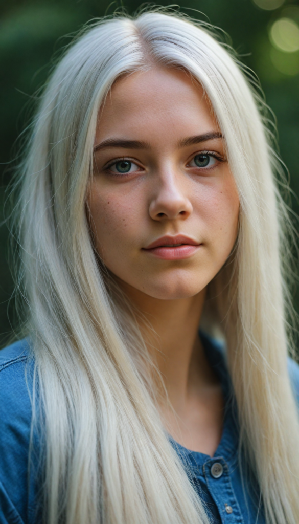 detailed and realistic photo from a young teenage girl, straight long jet soft white hair, natural backdrop