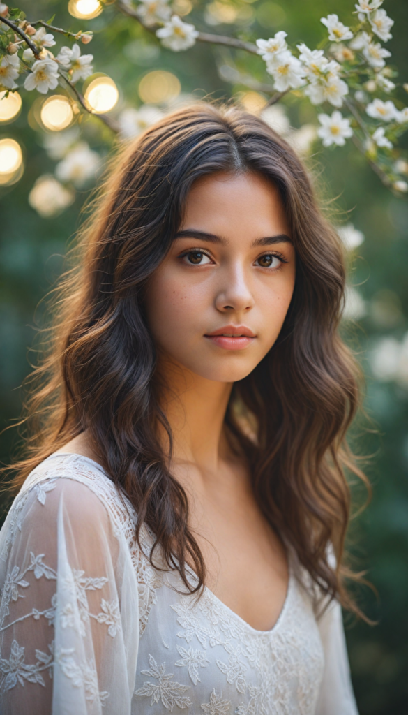 a hyper-realistic, intricately detailed portrait of a captivating young girl with cascading, silky hair that shimmers under soft, natural light. Her gentle gaze meets the viewer's eyes, radiating warmth and innocence. She is adorned in a whimsical white crop top embellished with delicate floral patterns, set against a dreamy pastel background that evokes a sense of serenity and youthfulness. Subtle hints of bokeh add a magical touch, enhancing the overall enchanting atmosphere of the scene.