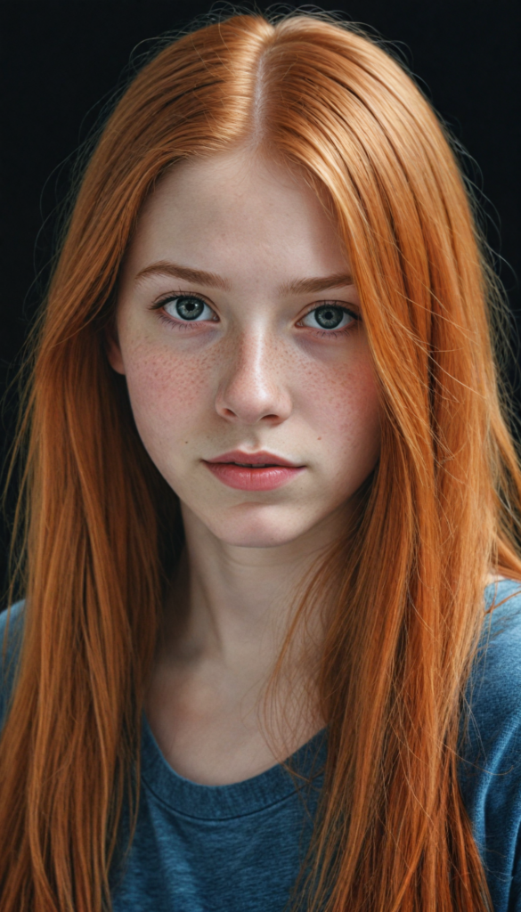 (portrait), detailed pencil drawing, silvery-skinned (young teen girl), long straight red hair (black background)