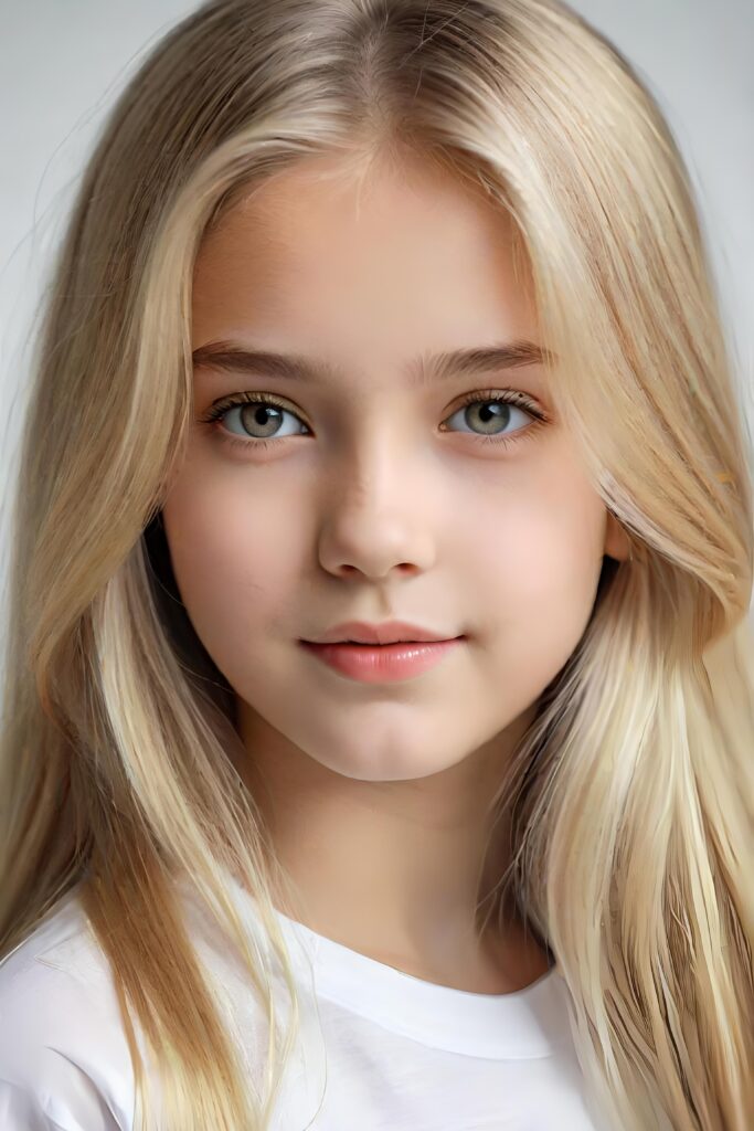 super realistic, detailed portrait, a beautiful young girl with long hair looks sweetly into the camera. She wears a white shirt.