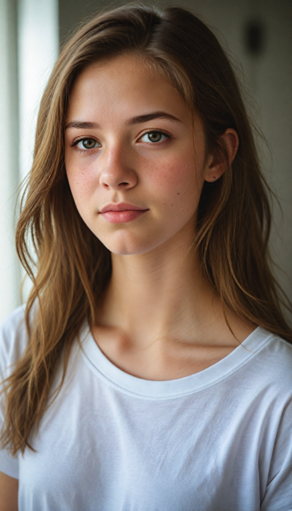 detailed and realistic photo from a young teen girl, soft brown hair, close up portrait, white t-shirt, (gorgeous) (stunning)