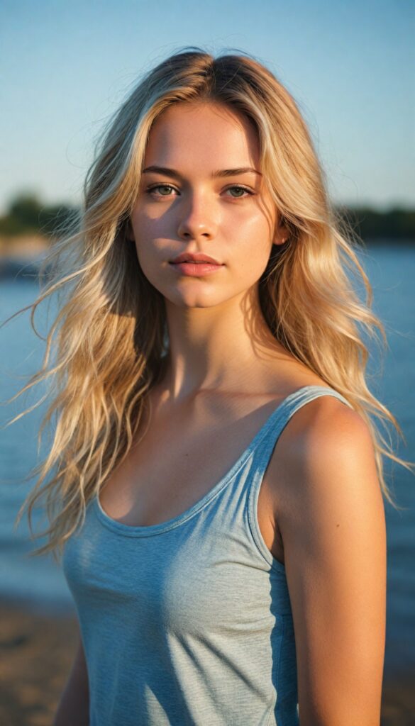 visualize a (tomboy petite teen girl) with long, (realistically detailed summer blond hair), posed in a (cinematic light setup) for a portrait shot, her face radiant with joy, featuring a (flawlessly detailed round face), a (short form-fitting cropped plain tank top), which beautifully showcases her perfect physique, with (realistic details), such as a (curvy yet toned silhouette), beach in backdrop