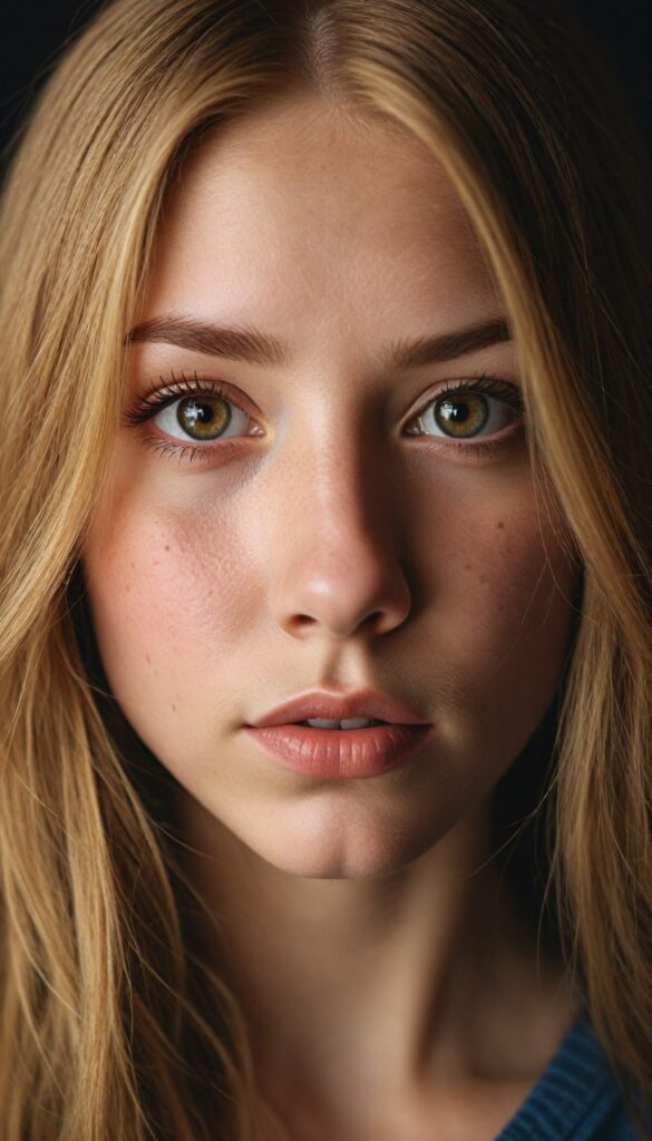 a very detailed and realistic upper body portrait of a (girl), (long yet straight copper-blond hair), (realistic detailed brown eyes), (full kissable lips), (realistic detailed, light amber eyes), (face illuminated)