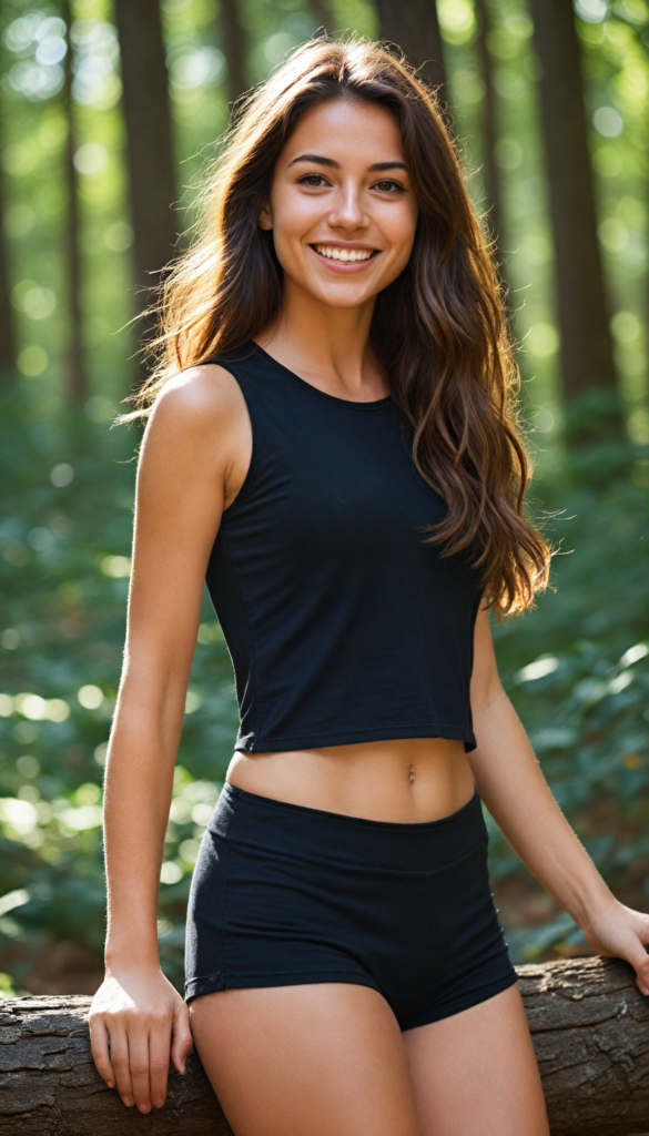 (full body) (cute) (stunning) (young) busted model girl, free flowing long brown jet hair, (perfect curved body), and (seductive warm smile), wears (low cut short black sport top), forest in backdrop