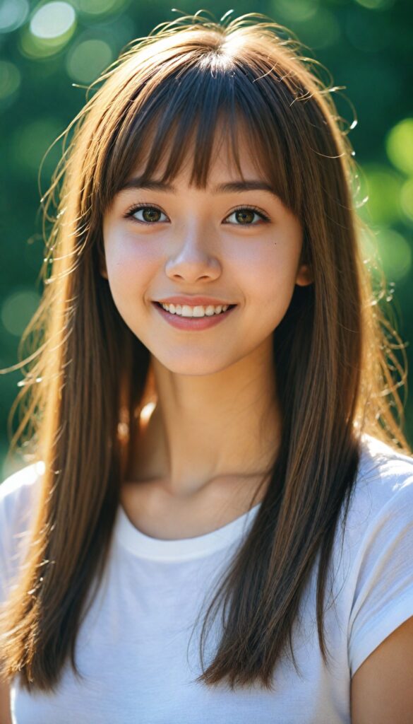 a detailed and realistic photo from a (cute) Asia teen girl (long, straight light brown hair, bangs), (stunning), beautifully realistic, cinematic lights, realistic detailed angelic round face, (realistic detailed amber eye) looks happy at the camera, perfect curved body, (wears a super short tight (white t-shirt)), perfect anatomy, side perspective, against a sunny green backdrop