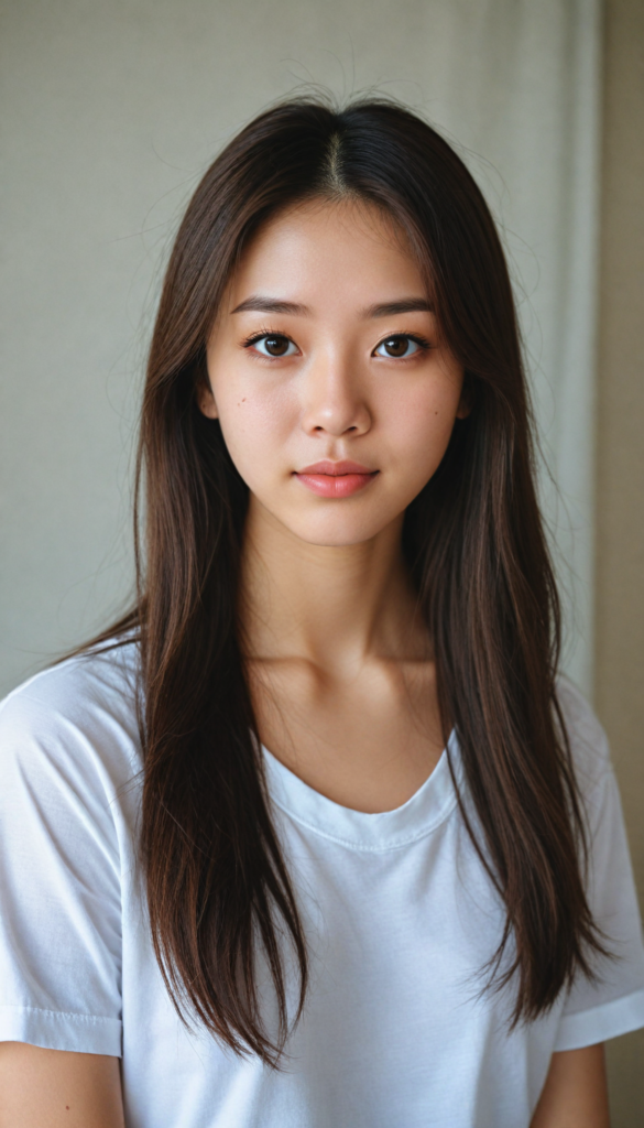 a (stunningly elegant and cute long, straight hazelnut hair) Japanese (teen girl) with a (realistically detailed angelic round face) and (realistically detailed hazelnut eyes) looking pensively at the camera in a (perfectly drawn portrait shot) against a (flawlessly detailed, realistic skin color) backdrop, wearing a (super short, tight white t-shirt made on thin silk), her flawless form elegantly framed by a side perspective, without any (background details)