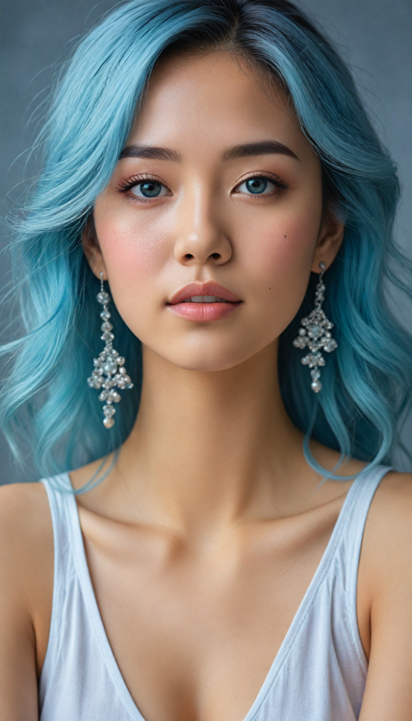 hyper-realistic, intricately detailed portrait of a stunning young Asian woman with flowing, soft blue hair cascading down her shoulders, caught in an ethereal glow. Her enchanting round eyes sparkle with depth and emotion, inviting the viewer into her world. She wears a delicate, flowing white tank top that hints at elegance, accessorized with shimmering silver earrings. The background features a dreamlike bokeh of soft pastel colors, blending seamlessly to enhance her beauty, with hints of floral motifs echoing a whimsical fairytale vibe. The lighting is warm and inviting, casting gentle shadows that accentuate her features, creating a sense of serenity and charm.