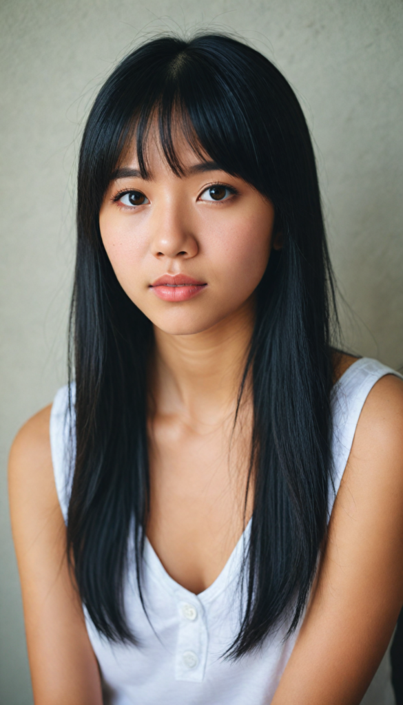 super realistic, 4k, detailed face, cute petite Asian teen girl, long black straight soft hair, bangs cut, wear a white short tight cropped tank top with deep v-neck, looks at the camera, portrait shot