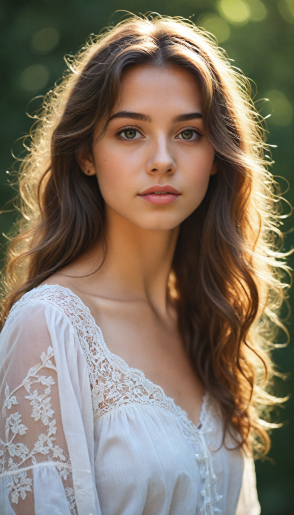 a hyper-realistic portrait of a captivating young girl with flowing waves of silky hair cascading down her shoulders. She gazes sweetly into the camera, exuding charm and innocence. Her outfit features a delicate white crop top adorned with intricate lace details, hinting at a dreamy summer vibe. The background is softly blurred with hints of pastel floral patterns, creating an ethereal atmosphere, reminiscent of a whimsical fairy tale. Sunlight gently illuminates her face, highlighting her sparkling eyes and soft features, while a sprinkle of magical dust floats in the air, enhancing the enchanting scene.