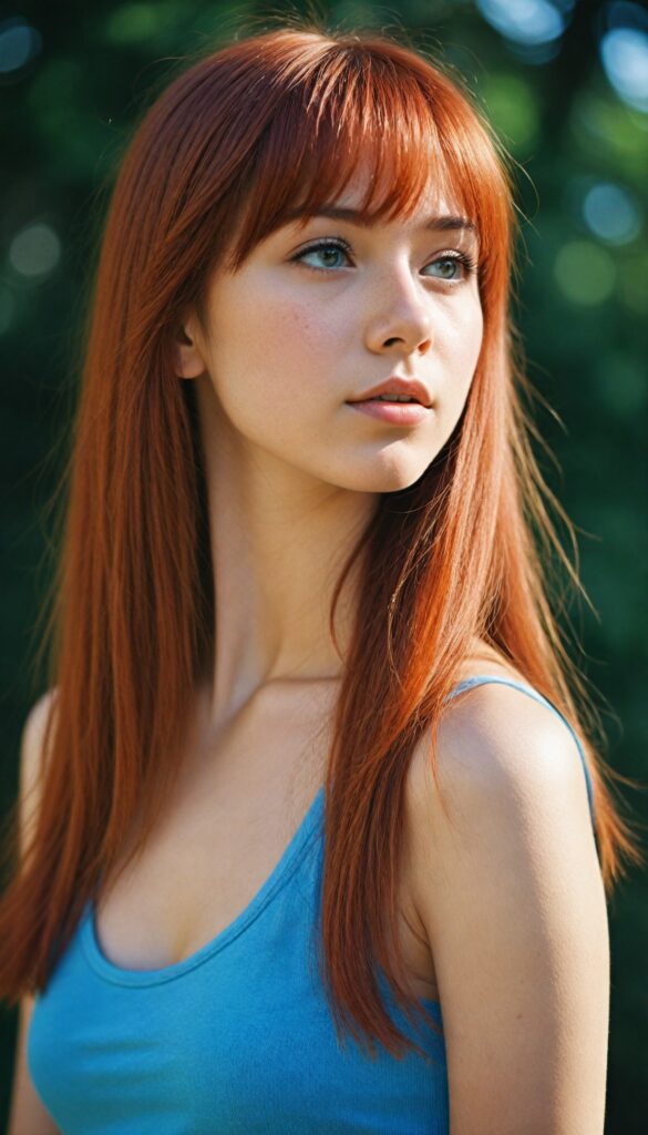 an upper body portrait from, a (teen girl with bangs cut), (vividly drawn long, straight soft red hair) that reflects the light, is depicted with exquisite detail, her face softly angelic yet realistically defined, big round eyes, wearing a (super short, sleek blue tank top) against a sunny backdrop, (side view)