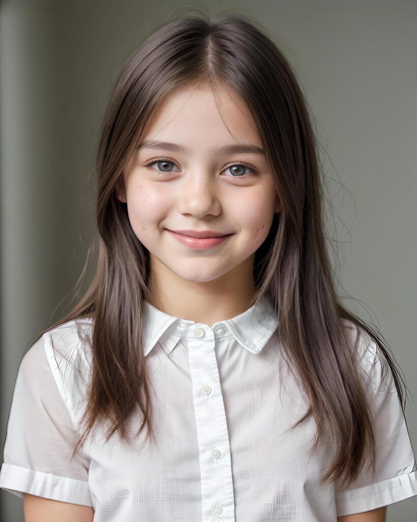 perfect portrait, very cute young girl, white shirt, smile, detailed straight hair, brown eyes