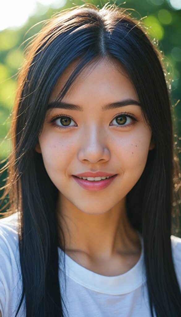 a detailed and realistic photo from a (cute) young Japanese girl (long, messy straight obsidian black hair), (stunning), (gorgeous), beautifully realistic, cinematic lights, realistic detailed angelic round face, (realistic detailed amber eye) looks happy at the camera, perfect curved body, (wears a super short tight (white t-shirt)), perfect anatomy, side perspective, against a sunny green backdrop