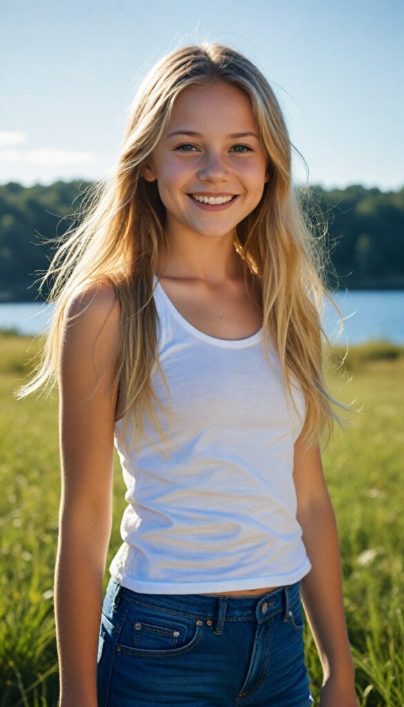 a fantastic young girl with long summer blond hair is standing in a sunny meadow. In the background is a deep blue lake, she is smiling, ((detailed and super realistic)), she wears a short plain cropped tank top