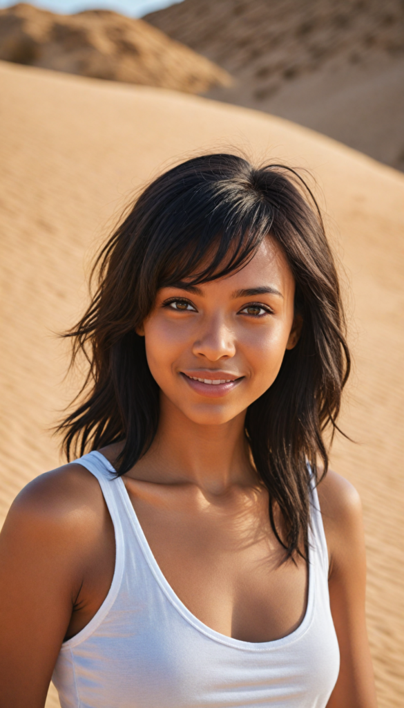 a captivating close-up portrait of a young brown-skinned girl with an enchanting smile, her softly straight black hair gracefully cascades around her face, accentuated by delicate side bangs. The composition embraces both her full lips and her confident poise, revealing her perfect, curvaceous form. She dons a flowing, ethereal white tank top that subtly contrasts with the warm tones of the sunlit desert landscape, where golden sands create a dreamy backdrop. The lighting casts a soft halo around her, adding a touch of magic and warmth to the scene, reminiscent of a contemporary impressionist painting captured in vivid colors.