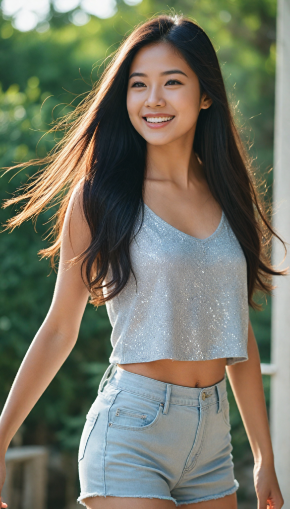 portrait of an enchanting young Asian girl with sparkling eyes and a joyful smile, wearing a stylish grey crop top, flowing long straight hair that dances with the breeze, showcasing an elegant silhouette in a whimsical side view. She pairs her outfit with chic grey high-waisted shorts that highlight her graceful curves. The background is a dreamy blend of soft pastel colors, evoking a serene afternoon light.