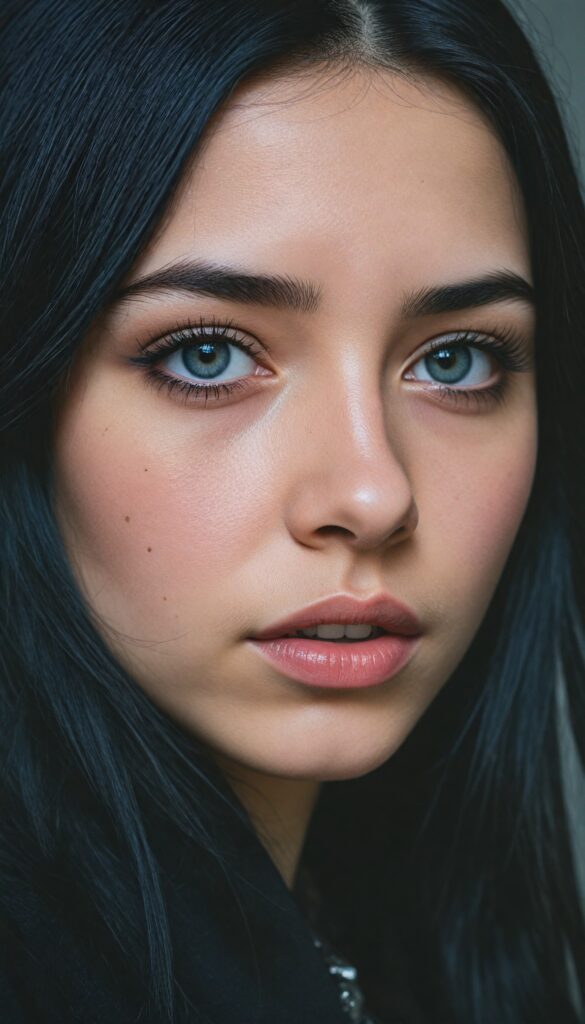 a (breathtakingly realistic portrait), (dark fantasy concept) featuring a beautifully drawn close-up of a young gothic teen girl with exquisite facial features and striking black eyes, long straight fine black hair, dressed in a (black coat), (grey background)