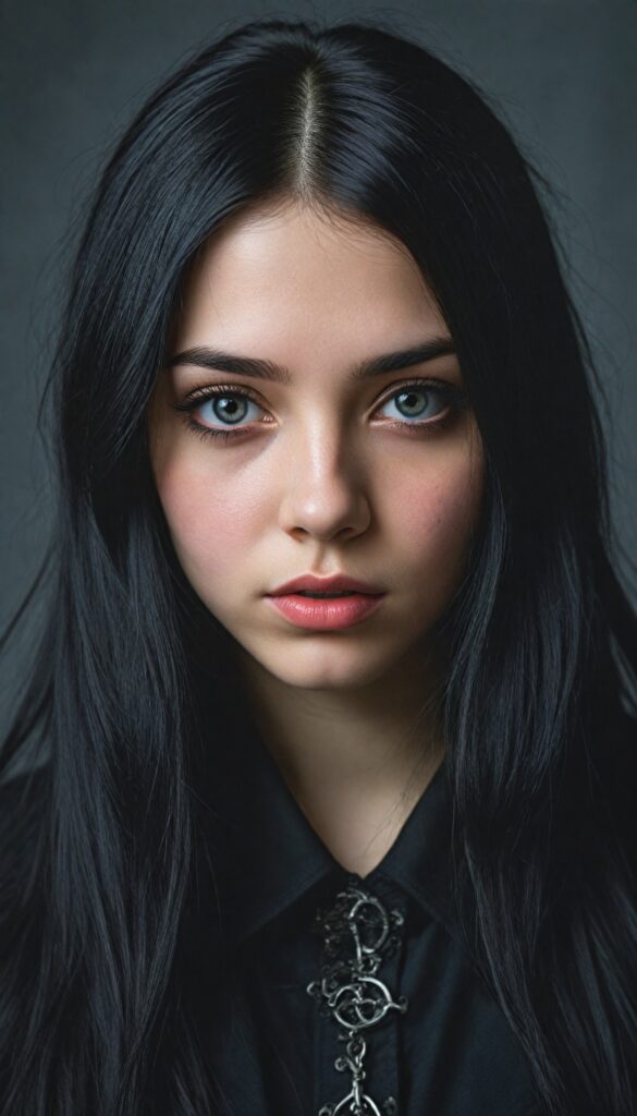 a (breathtakingly realistic full body portrait), (dark fantasy concept) featuring a beautifully drawn close-up of a young gothic teen girl with exquisite facial features and striking black eyes, long straight fine black hair, dressed in a (black coat), (grey background)