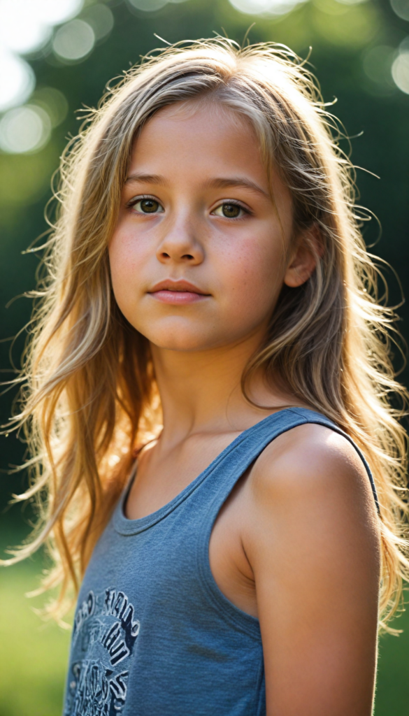 a (detailed and realistic photo), capturing a (very cute young girl), with long, flowing, messy soft brown-blonde hair, wearing a (tank top), all against a backdrop of a (beautiful, sunny day in nature)