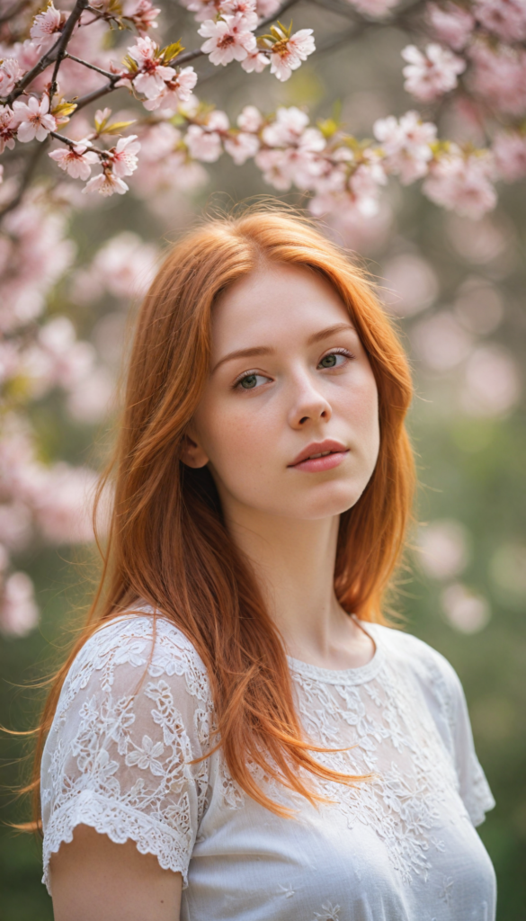 close-up portrait, a whimsical scene featuring a serene red-haired teen girl with straight hair flowing gently in the breeze, dressed in a delicate light pink, fitted t-shirt adorned with subtle lace details. She is posing, surrounded by blooming cherry blossom trees, with petals drifting gracefully around her. Her expression radiates innocence and curiosity as she gazes at a brightly colored butterfly that flits nearby, capturing the essence of a dreamy spring afternoon, reminiscent of a watercolor painting in the style of Claude Monet.