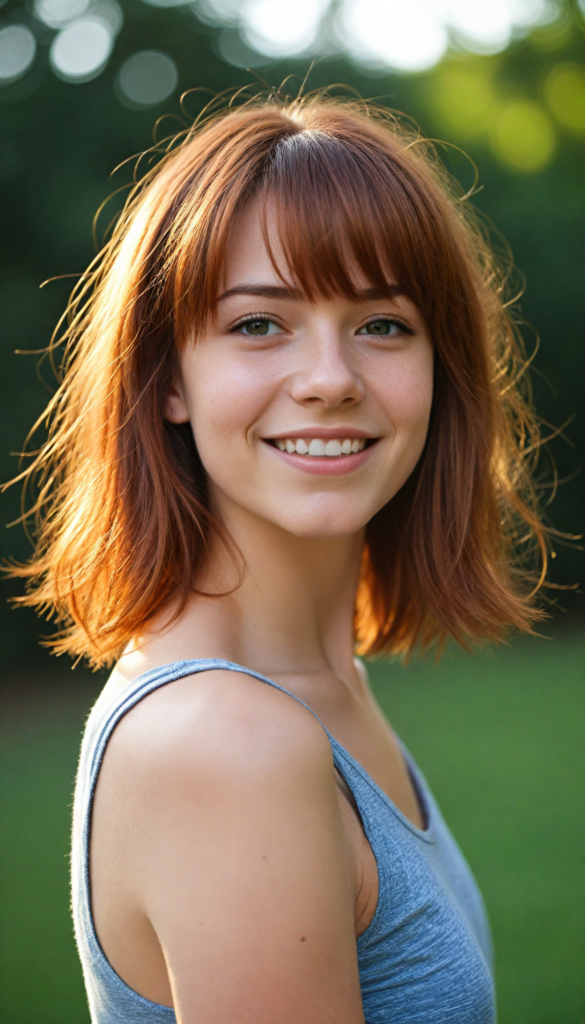 a beautiful (teen girl) with auburn hair in bob bangs cut, styled in a sleek, short-cropped tank top, (vividly realistic photo), (natural background), very happy, dimmed light