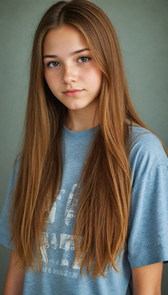 a cute detailed and realistic teen girl, detailed long brown-gold full hair, full portrait, grey t-shirt, (gorgeous) (stunning) (model)