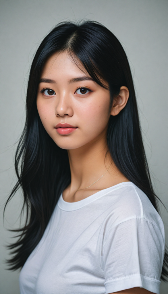 a (((stunningly elegant and cute long, straight obsidian black hair))) Japanese (((teen girl))) with a (((realistically detailed angelic round face))) and (((realistically detailed hazelnut eyes))) looking pensively at the camera in a (((perfectly drawn portrait shot))) against a (((flawlessly detailed, realistic skin color))) backdrop, wearing a (super short, tight ((white t-shirt))), her flawless form elegantly framed by a side perspective, without any (background details)