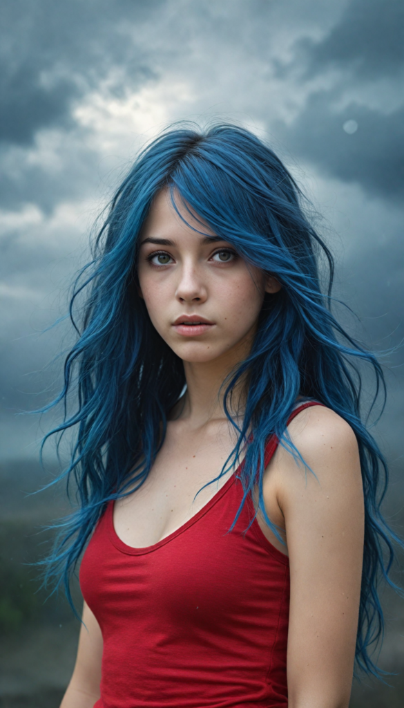 an illustrated teen emo girl with luxuriously long, flowing blue hair cascading like silk, set against a strikingly detailed backdrop of swirling gray clouds and ethereal shadows. Tears glisten on her cheeks, capturing the light like droplets of rain, as her amber eyes, deep and expressive, reveal a haunting sadness that conveys the burden of unspoken stories. The scene is accentuated by delicate hints of vibrant crimson in her attire, dreamlike atmosphere, she wears a red short tank top