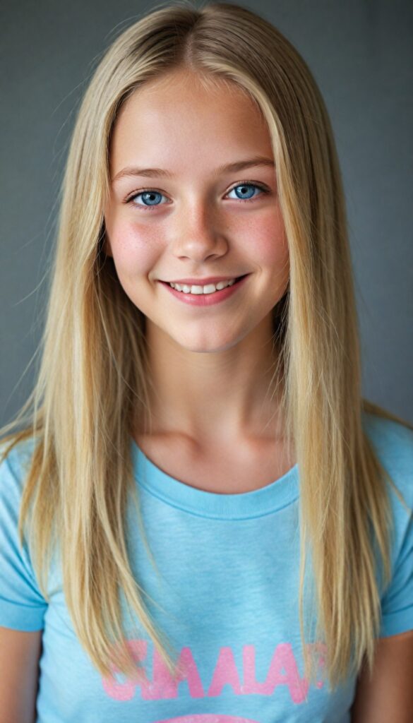 a portrait of a young girl with silky smooth, straight long blonde hair. Her hair falls over her shoulders and covers her upper body. She has sparkling, light blue eyes and a charming smile, (she wears a tight, form-fitting short pink empty T-shirt)