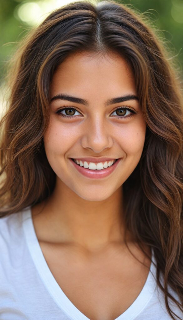 a young cute and busty teen girl from middle east, (stunning) (gorgeous) (detailed close-up portrait), plain soft hair, white t-shirt, detailed beautiful eyes, deep v-neck, smile, sunny backdrop