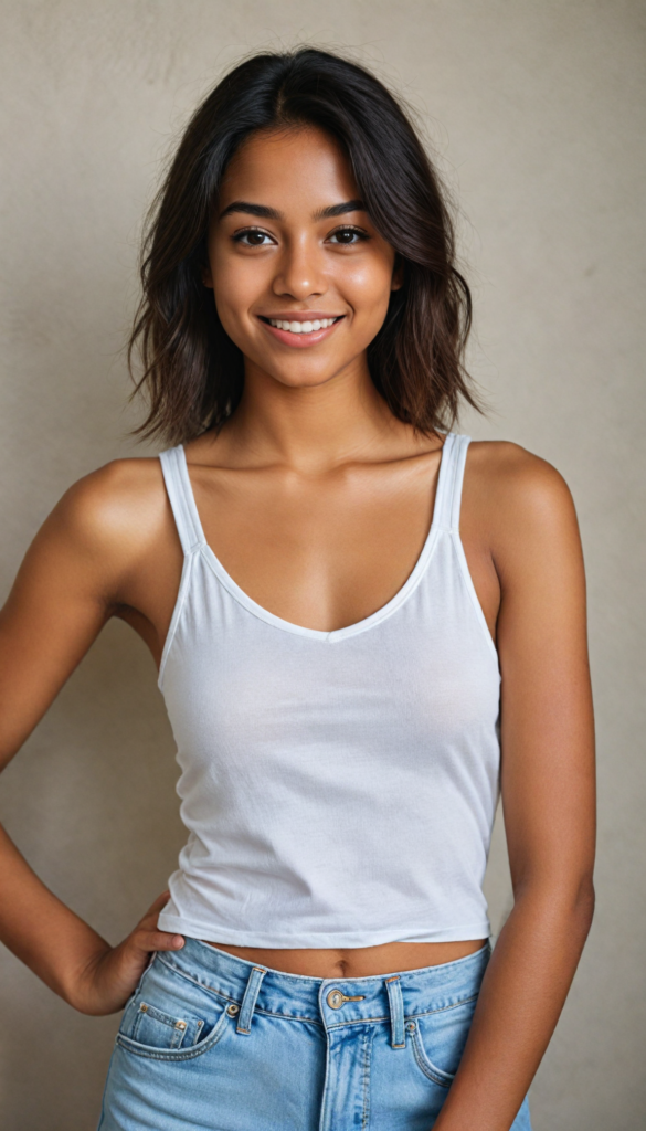 a very detailed and realistic (full body) portrait of a (brown-skinned teen girl), (long straight (dark brown hair), (realistic detailed (big brown eyes), (thin lips), (realistic detailed (brown skin), (light brown (eyes), (catchlights in both eyes), (matching eyes), (bright smile), (face illuminated), (looking into the camera), (wearing a very low cut (white tank top) made on thin silk)