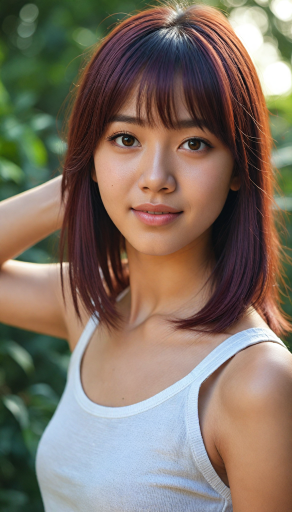 cute Filipino teen girl, detailed hair, Korea styled bangs, white short cropped tank top made of soft wool, perfect curved body, ultra realistic face, realistic amber eyes, detailed maroon straight hair, a stunning photo with beautiful saturation, ultra high resolution, deep shadow, (best quality, masterpiece), highly detailed, depth of field, film grain, looking at viewer, warm smile, (upper body), masterpiece, ultra realistic, extremely detailed CG unity 8k wallpaper, best quality