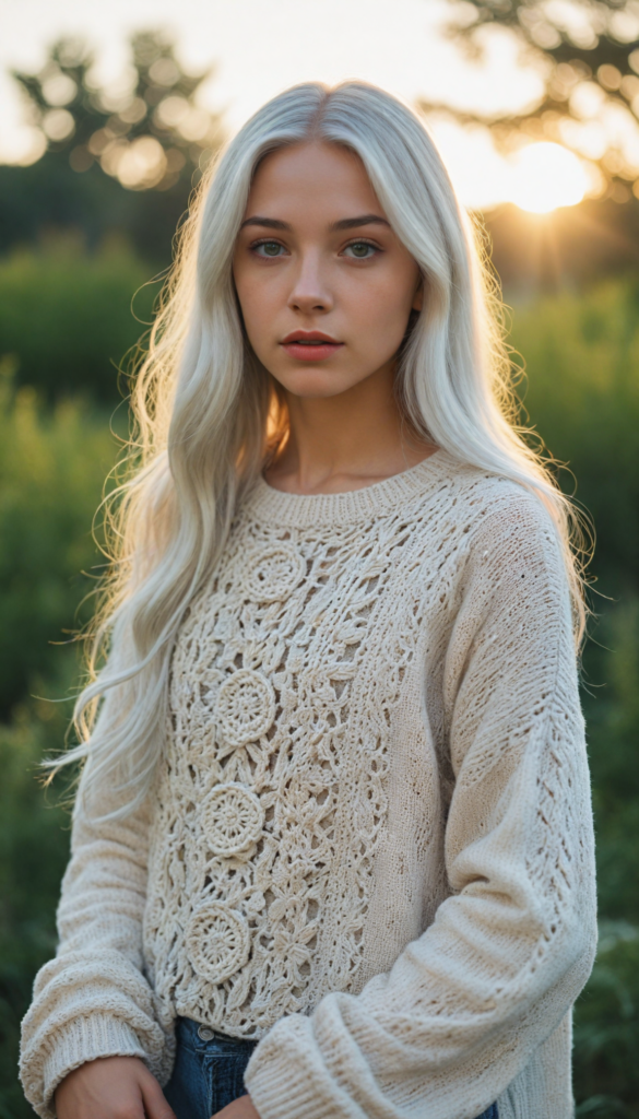 a whimsical young teen girl with cascading long straight white hair, wearing an exquisitely detailed super fine wool sweater adorned with intricate motifs, set against a dreamy pastel landscape; the scene is bathed in soft golden sunlight, evoking a magical, fairy-tale aura, in the style of classic children's book illustrations combined with a touch of contemporary realism.