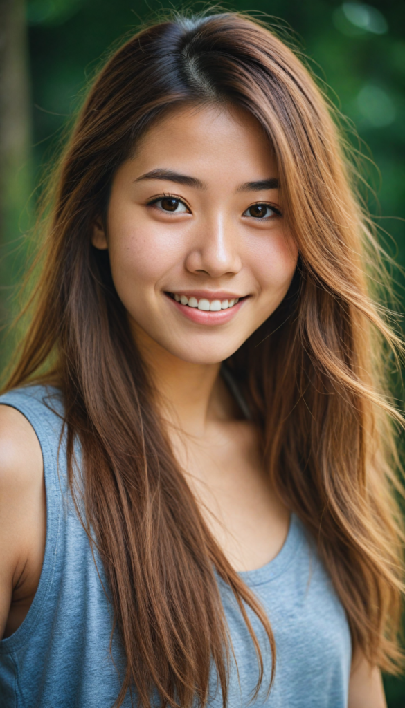 a very nice young Japanese girl, portrait shot, her long hazelnut hair falls over her shoulders, warm smile, she wears a grey tank top, perfect curved body