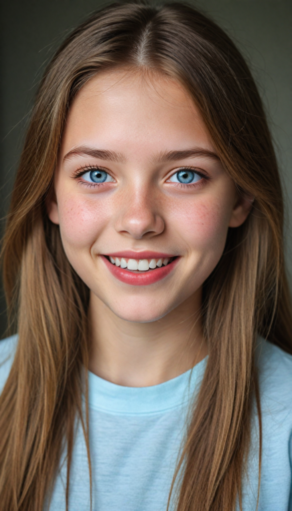 a (detailed portrait) from a silvery-skinned (young innocent girl), round, angelic face, flawless soft skin, long soft straight light brown hair, white t-shirt, light blue eyes, (full red lips), warm smile, white teeth