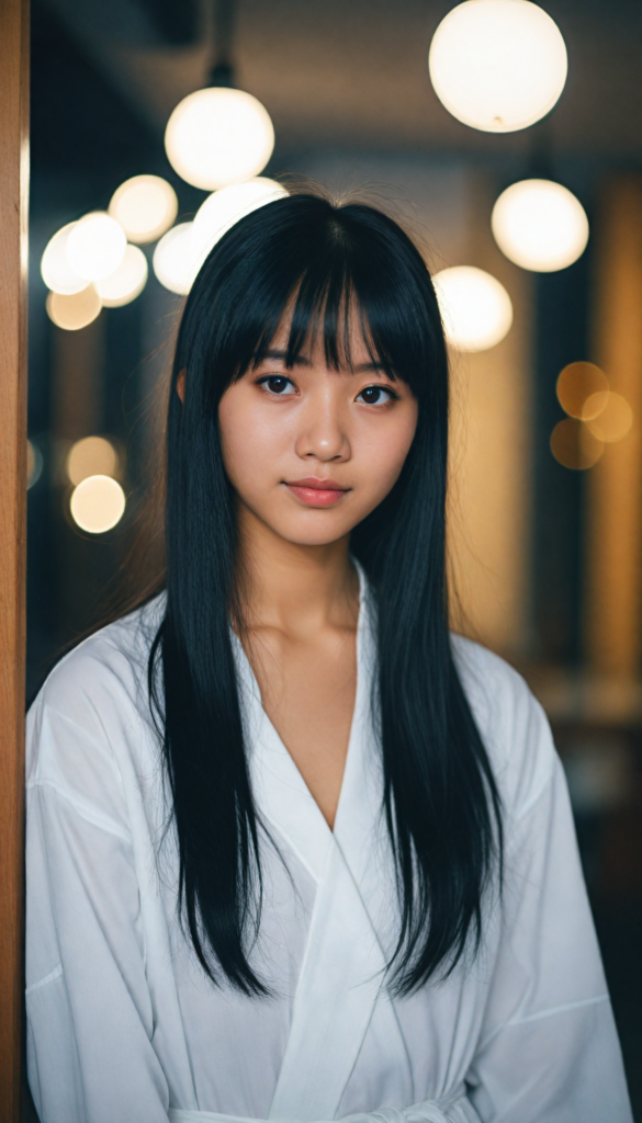 ortrait of a cute Asian girl, black straight hair, bangs cut, white night suit